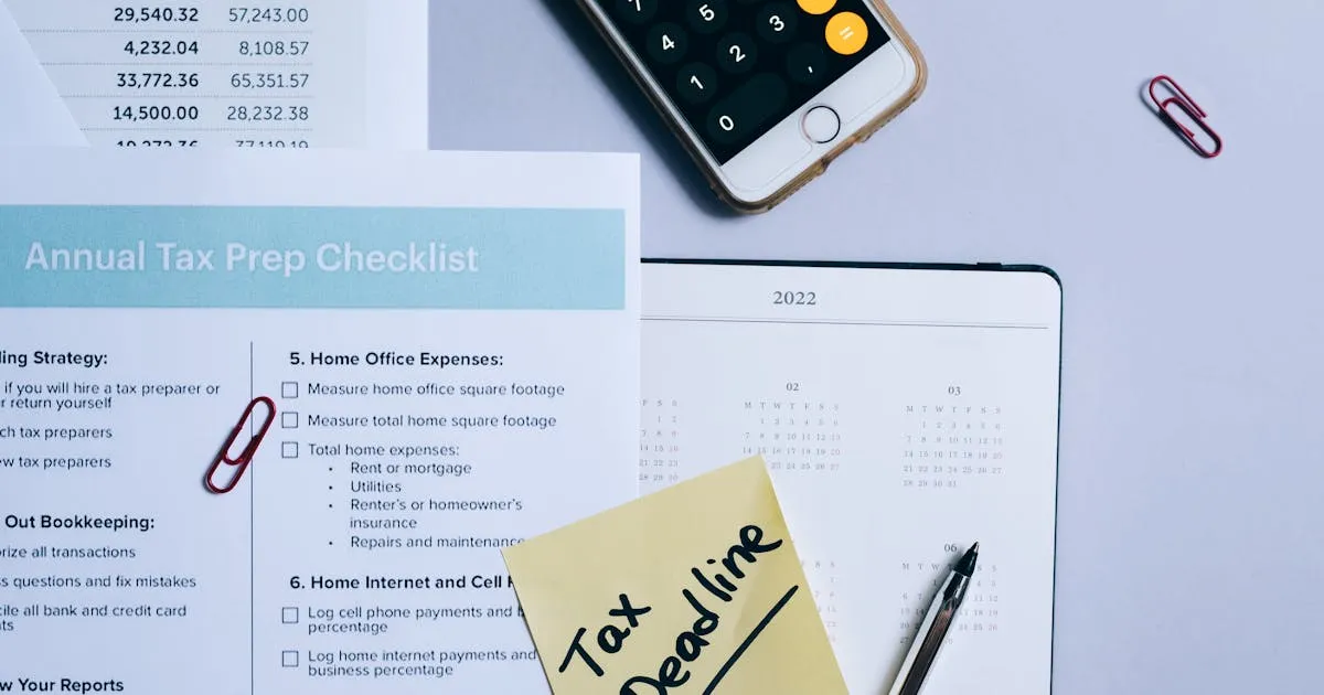 Payroll compliance checklist, calendar and calculator on desk