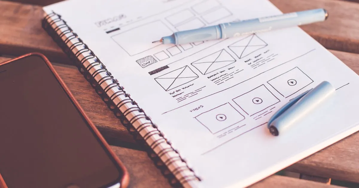 Notebook with UI wireframe sketches and a smartphone, UX designer desk